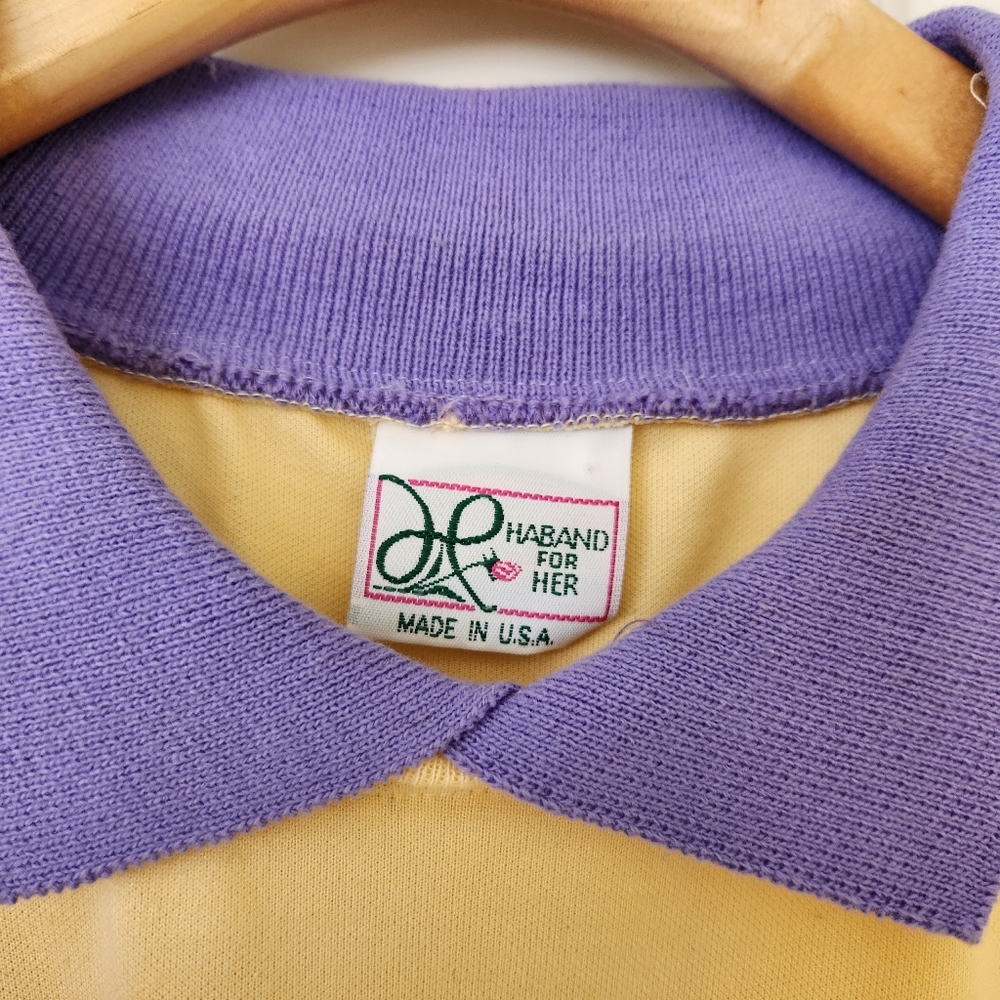 Vintage Haband For Her 80s 90 Granny Yellow Top Purple Collar Short Sleeve Large - Picture 6 of 17